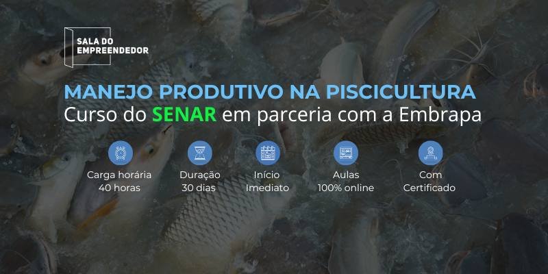 curso online gratuito de Manejo Produtivo na Piscicultura do SENAR em parceria com a Embrapa. Fundo com imagem de peixes. Ícones informam: Carga horária de 40 horas, Duração de 30 dias, Início Imediato, Aulas 100% online e Com Certificado.